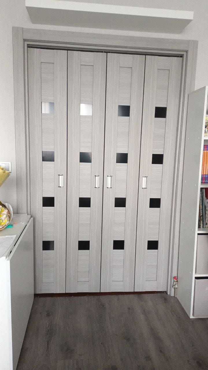 Дверь-книжка Эко 505.12 дуб серый, lacobel черный