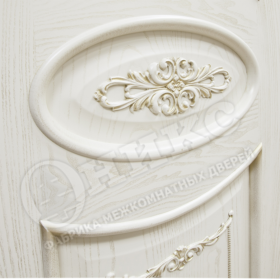 Дверь Оникс Эллипс с декором эмаль слоновая кость с золотой патиной, глухая. Фото №2