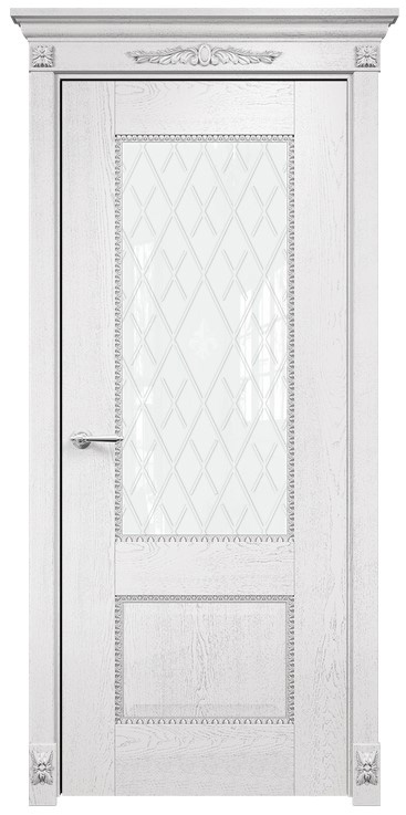 Двери в интерьере - Дверь Оникс Александрия 2 эмаль белая с серебряной патиной, триплекс гравировка Британия