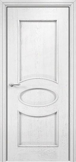 Дверь Оникс Эллипс эмаль белая патина серебро, глухая
