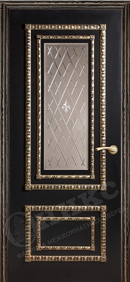 Дверь Оникс Прима эмаль черная патина золото, зеркало гравировка Британия