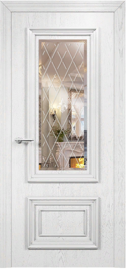 Дверь Оникс Мадрид эмаль белая с серебряной патиной, зеркало гравировка Британия. Фото №4