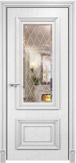 Дверь Оникс Мадрид эмаль белая с серебряной патиной, зеркало гравировка Британия
