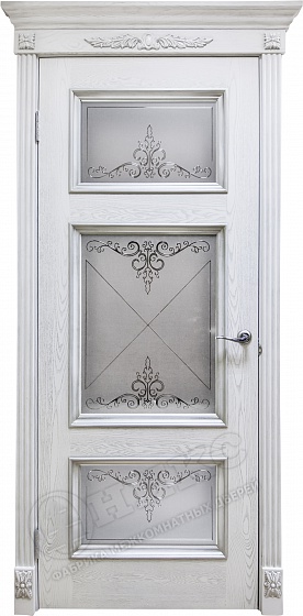 Дверь Оникс Прованс эмаль белая патина серебро, контурный витраж №1