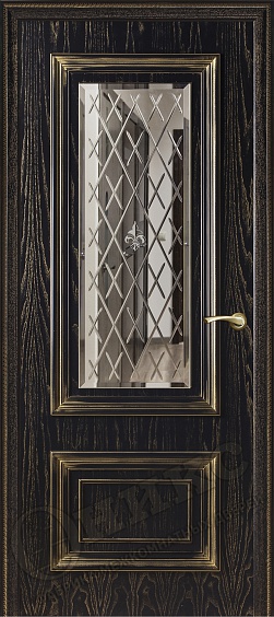 Двери в интерьере - Дверь Оникс Мадрид эмаль черная с золотой патиной, зеркало гравировка Британия