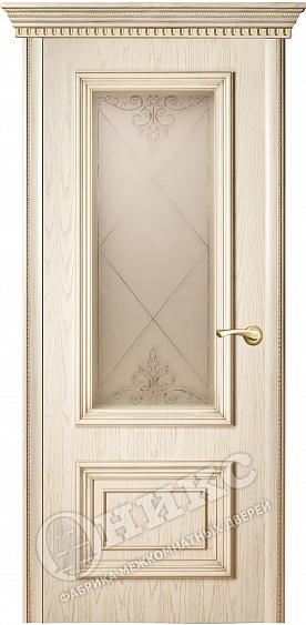 Дверь Оникс Мадрид остекленный эмаль слоновая кость патина золото, контурный витраж №1