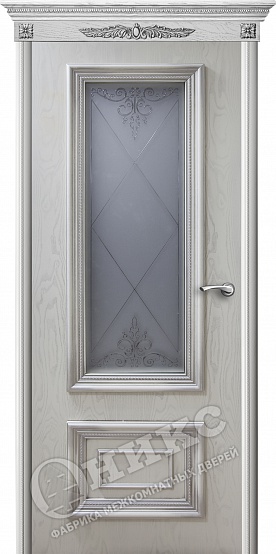 Дверь Оникс Мадрид остекленный эмаль белая патина серебро, контурный витраж №1