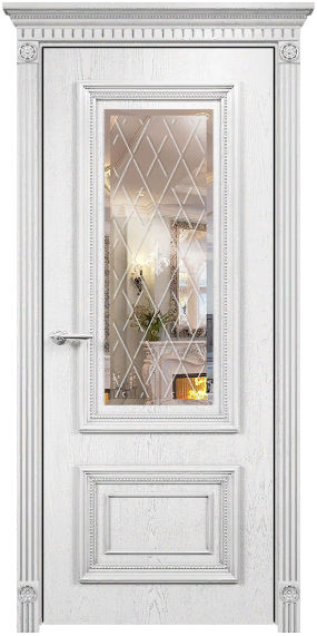 Дверь Оникс Мадрид эмаль белая с серебряной патиной, зеркало гравировка Британия. Фото №6