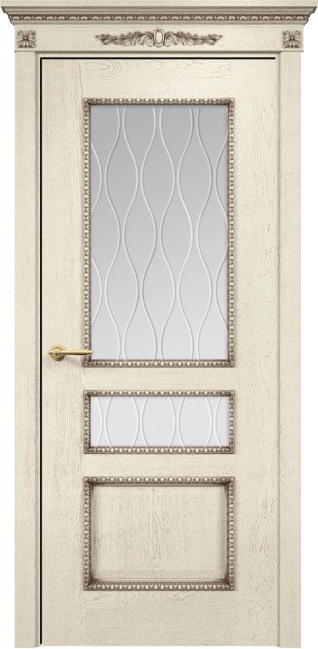 Дверь Оникс Версаль с декором эмаль слоновая кость с патиной, сатинат гравировка Волна