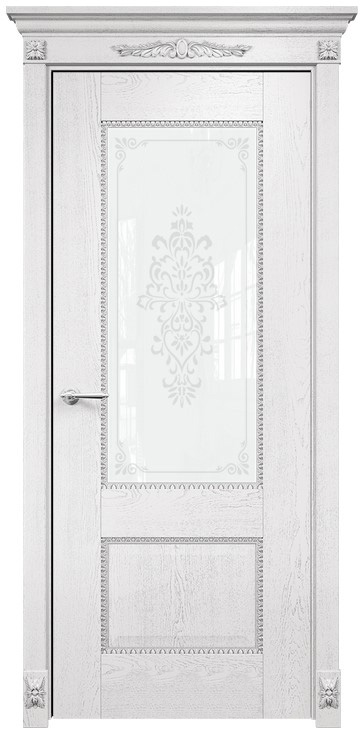 Дверь Оникс Александрия 2 эмаль белая с серебряной патиной, триплекс пескоструй Вензель
