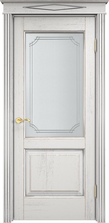 Дверь ПМЦ массив дуба Д13 белый грунт с патиной серебро микрано, стекло 13-5