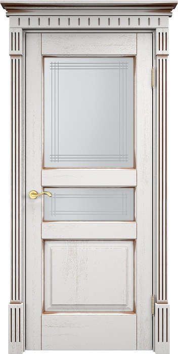 Дверь ПМЦ массив дуба Д5 белый грунт с патиной орех, стекло 5-2
