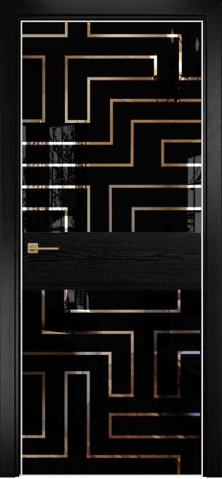 Дверь Оникс Соло 2 эмаль черная по ясеню, глухая, Lacobel RAL 9005 Лабиринт зеркало