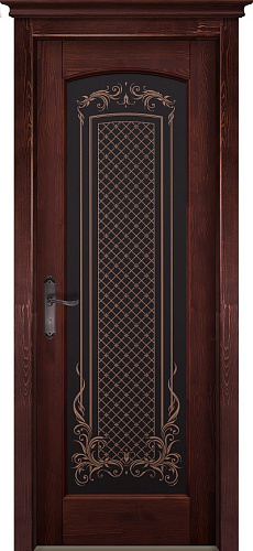 Дверь ОКА браш массив сосны Витраж махагон, стекло графит каленое с узором