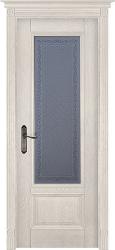 Дверь Ока массив дуба DSW сращенные ламели Аристократ №4 эмаль слоновая кость, стекло каленое с узором