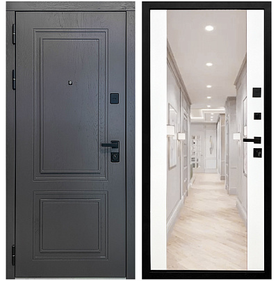 Входная дверь Матадор MXК-2 альберо грей/панель зеркало 2, белая матовая