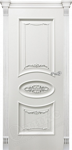 Дверь Оникс Эллипс с декором эмаль слоновая кость патина серебро, глухая