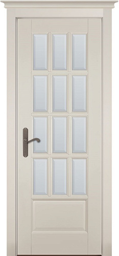 Дверь ОКА массив ольхи Лондон №1 эмаль слоновая кость, стекло матовое осветленное с фацетом