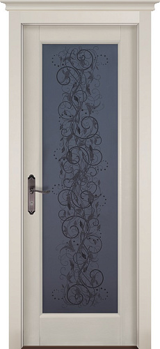 Дверь ОКА массив ольхи Витраж эмаль слоновая кость, стекло каленное с узором