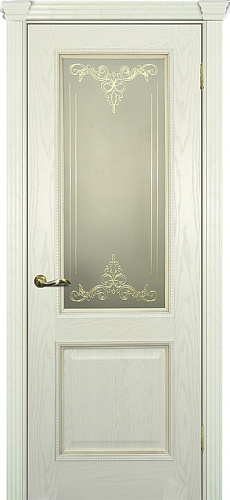 Дверь Текона шпон Фрейм 02 ясень бисквит патина карамель, витраж №3 золото сатинат белый