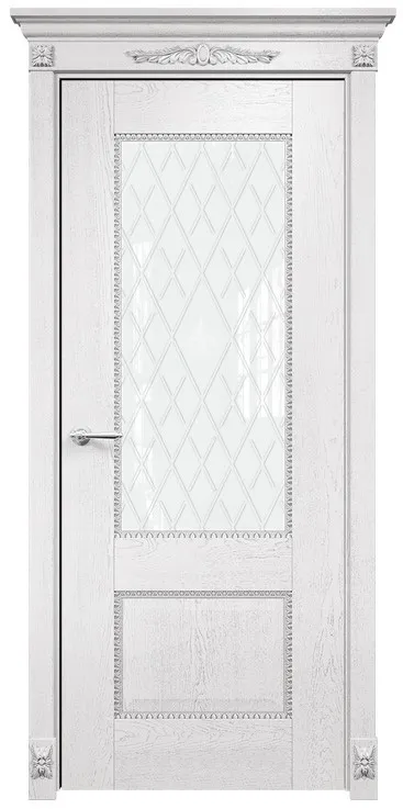Дверь Оникс Александрия 2 эмаль белая патина серебро, триплекс гравировка Британия