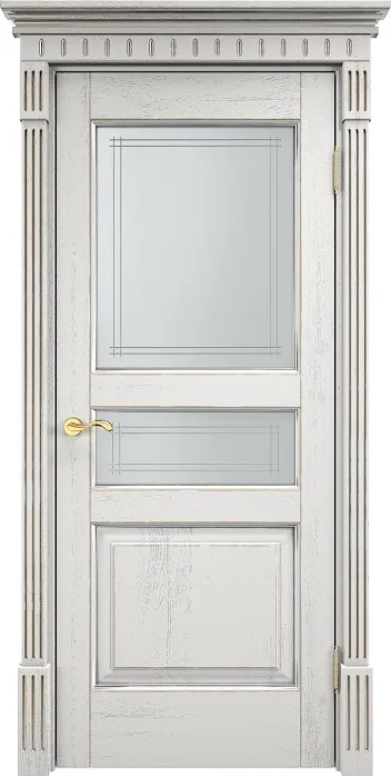 Дверь ПМЦ массив дуба Д5 белый грунт с патиной серебро микрано, стекло 5-3