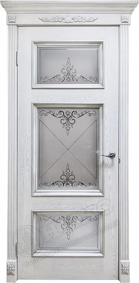 Дверь Оникс Прованс эмаль белая патина серебро, контурный витраж №1