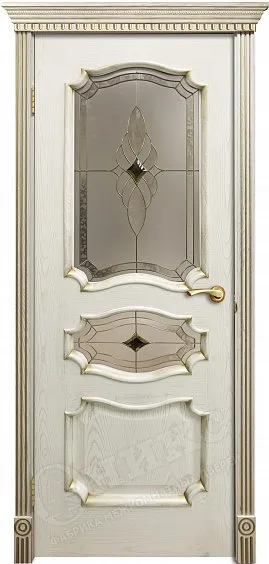 Дверь Оникс Барселона эмаль слоновая кость с золотой патиной, стекло "Витраж Бевелс"