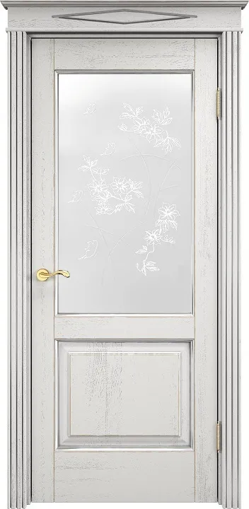 Двери в интерьере - Дверь ПМЦ массив дуба Д13 белый грунт с патиной серебро микрано, стекло 13-4