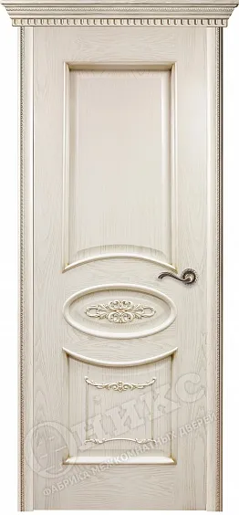 Дверь Оникс Эллипс с декором эмаль слоновая кость патина золото, глухая