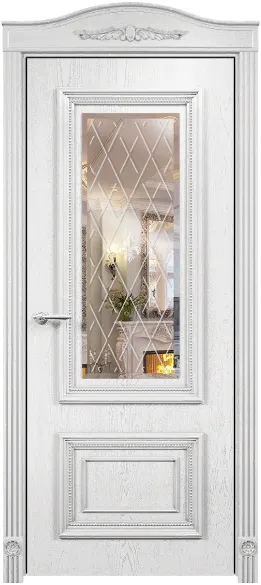Дверь Оникс Мадрид эмаль белая патина серебро, зеркало гравировка Британия. Фото №7
