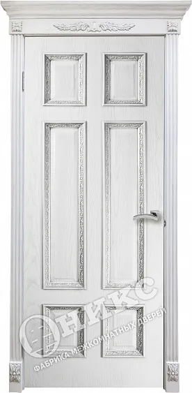 Дверь Оникс Гранд со штапиком Флора эмаль белая патина серебро, глухая