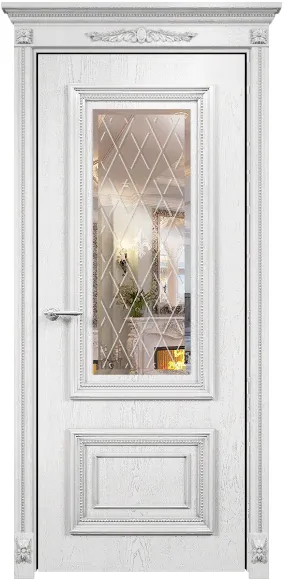 Дверь Оникс Мадрид эмаль белая патина серебро, зеркало гравировка Британия. Фото №5