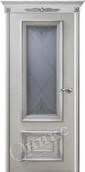 Дверь Оникс Мадрид остекленный эмаль белая с серебряной патиной, контурный витраж №1